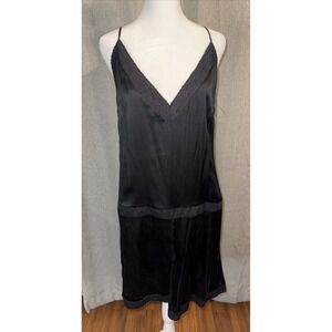 Karl lagerfeld For H&M Silk Slip Dress Women's Size 12 Black V Neck Lace Trim